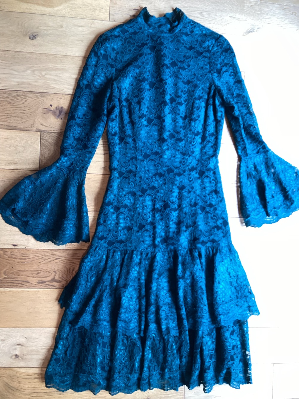 Vintage Limore New York Emerald green lace ruffle maxi dress
